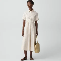 Belted Shirt Dress in Striped Cotton-Blend