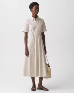 Belted Shirt Dress in Striped Cotton-Blend