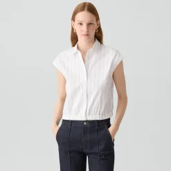 Cap-Sleeve Shirt in Striped Poplin