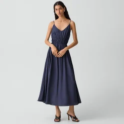 Gathered V-Neck Dress in Washed Twill