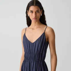 Gathered V-Neck Dress in Washed Twill