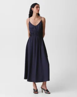 Gathered V-Neck Dress in Washed Twill