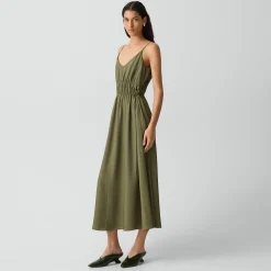 Gathered V-Neck Dress in Washed Twill