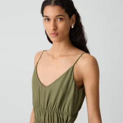 Gathered V-Neck Dress in Washed Twill