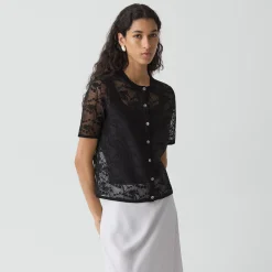 Lace Short-Sleeve Cardigan in Textured Cotton-Blend