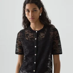 Lace Short-Sleeve Cardigan in Textured Cotton-Blend