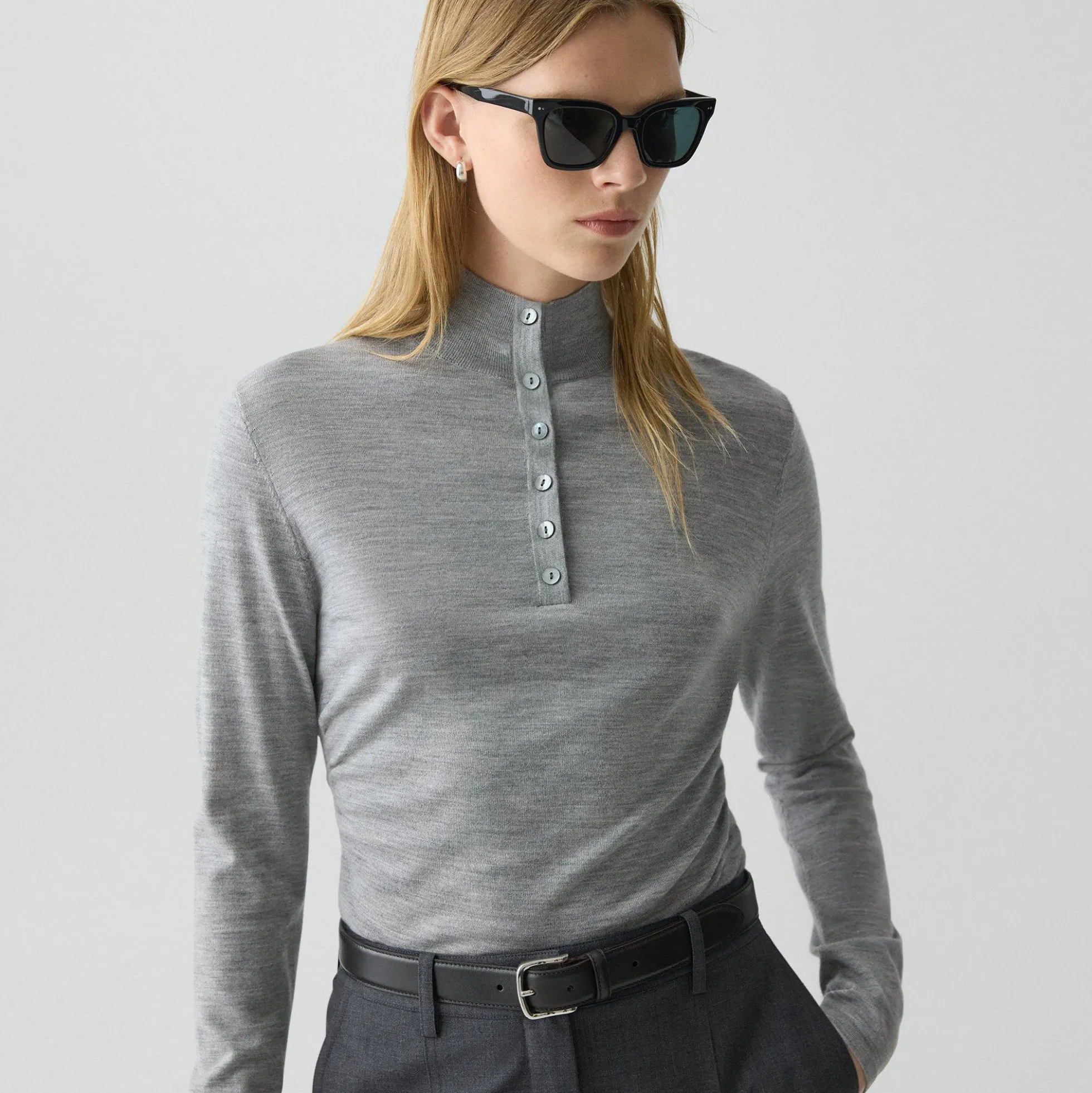 Shirred Henley Sweater in Regal Wool