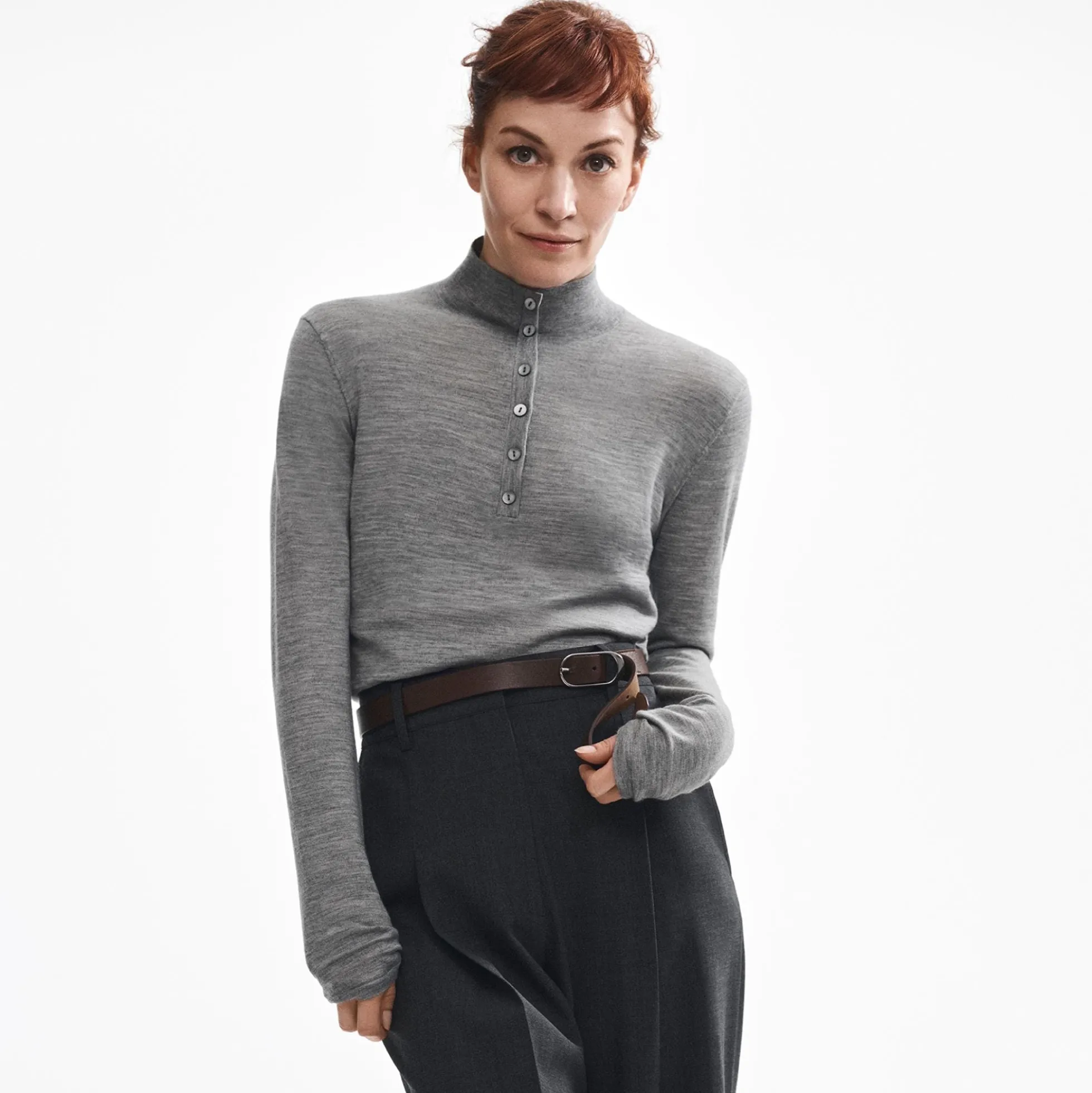 Shirred Henley Sweater in Regal Wool